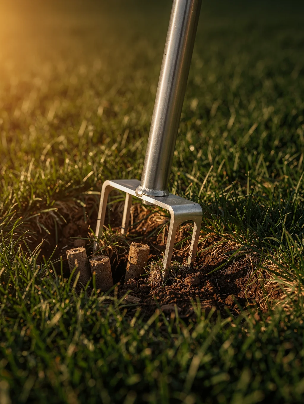 Close up of core aeration process on a healthy lawn