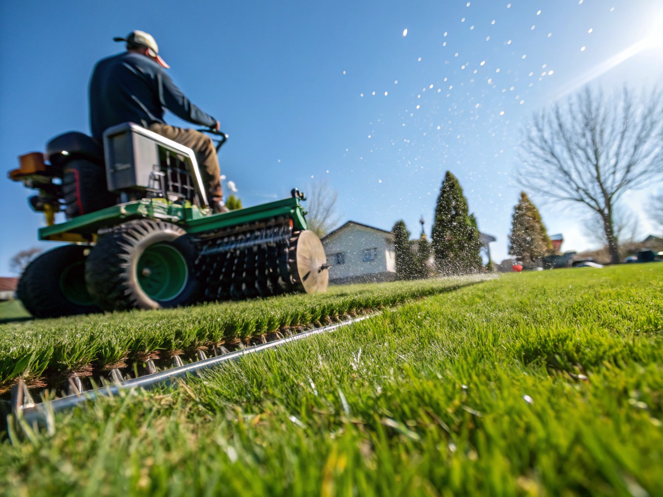 Professional lawn aeration machine on a lush green lawn